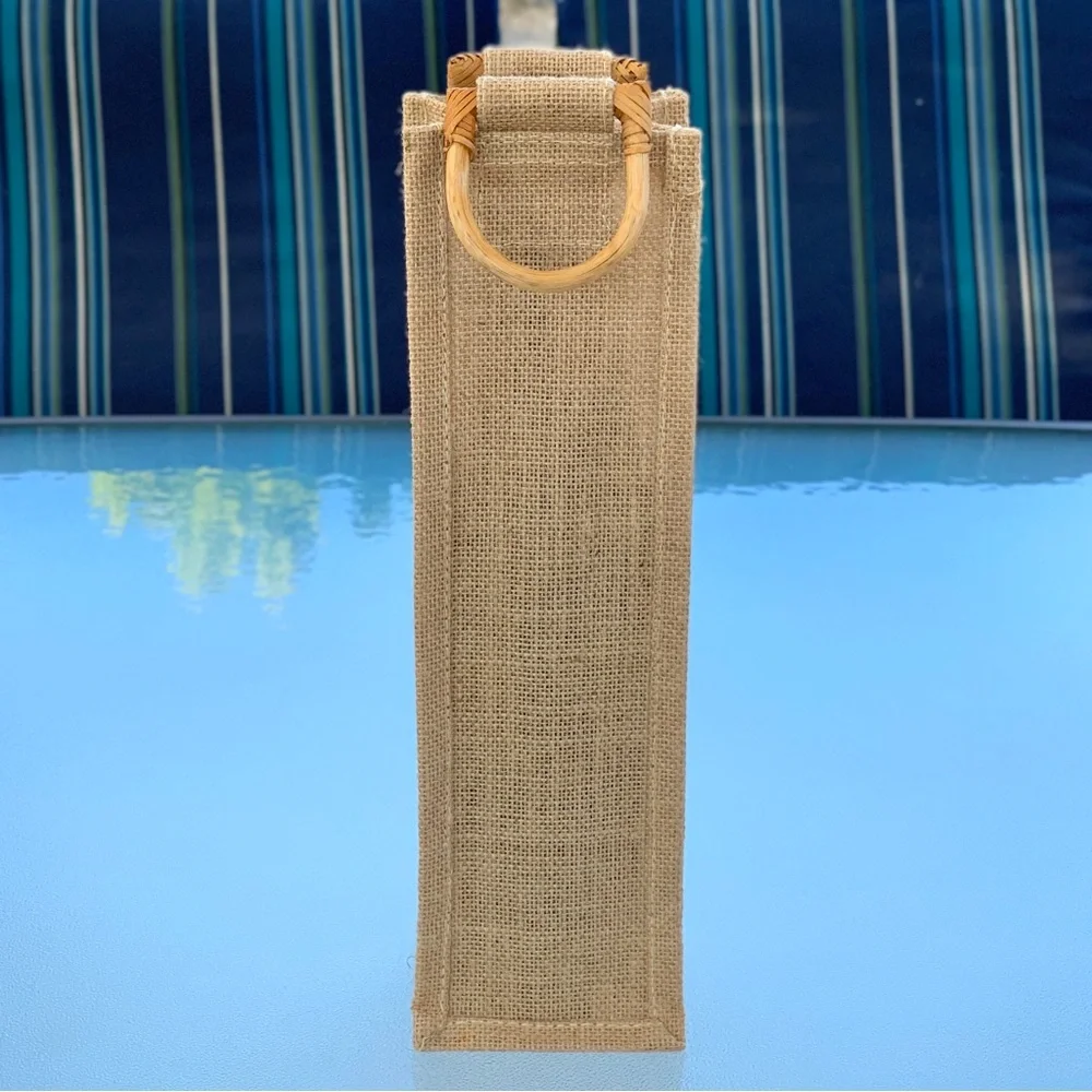 Fibrous Jute Single Wine Bottle Gift Bag with Bamboo Handles